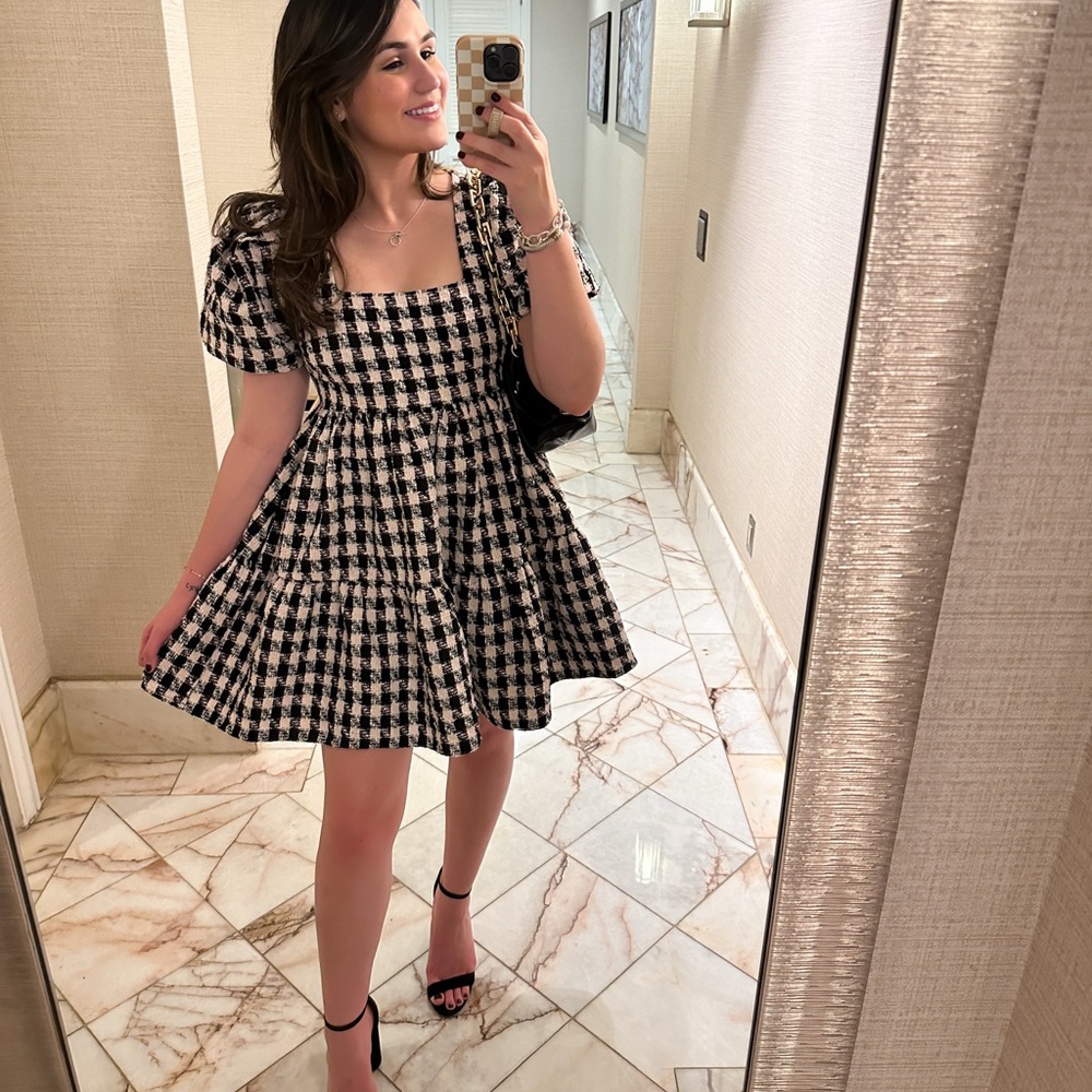Chic Black and Light Pink Checkered Mini Dress